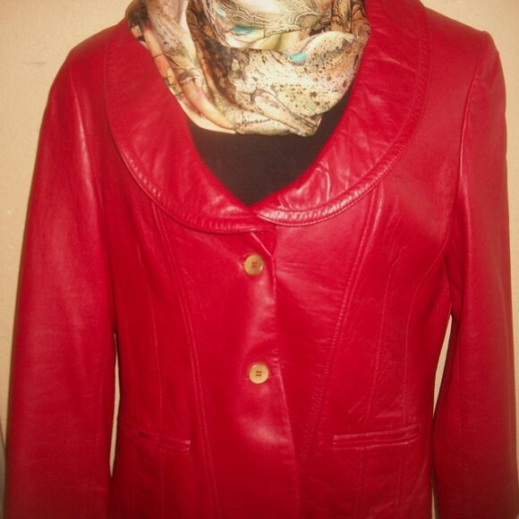Vintage '90's Anne Klein Lined Red-Leather Fitted Long Sleeve Jacket w Rear Belt - Picture 1 of 5